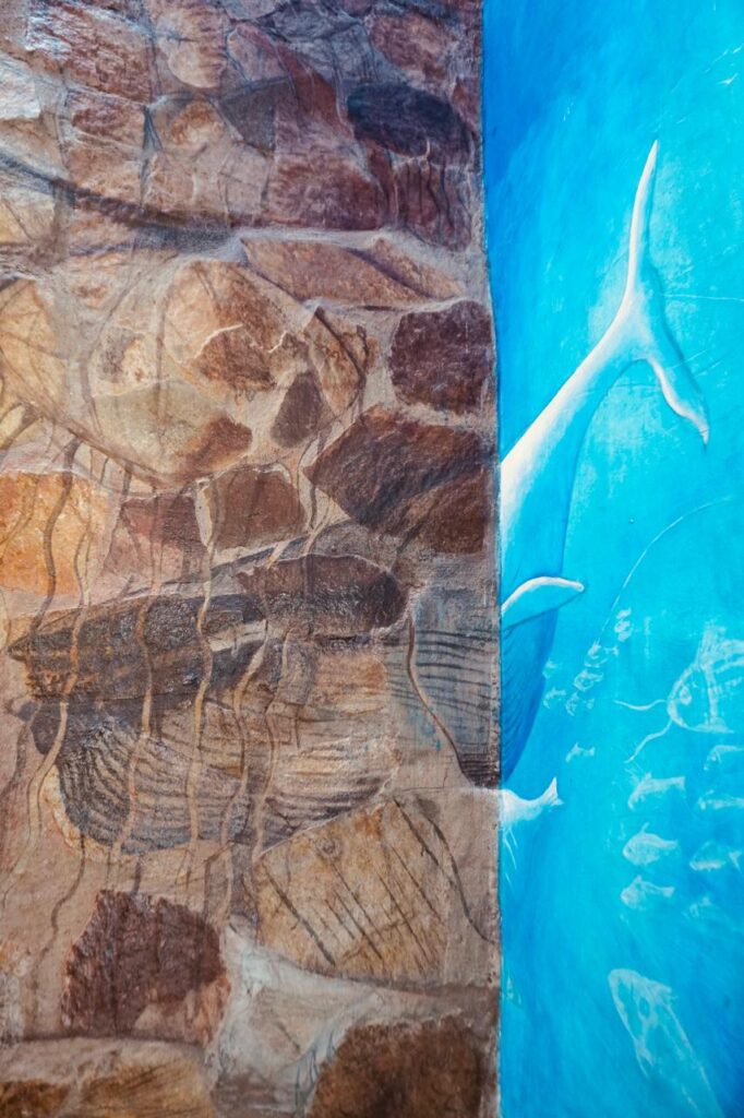 Stone mural at LunaCoral Surf House in Salina Cruz