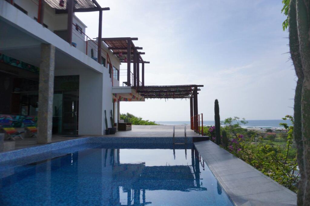 Ocean view swimming pool at LunaCoral Surf Camp in Salina Cruz, Oaxaca
