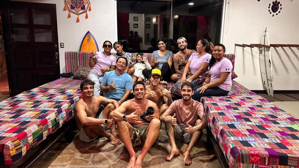 Filipe Toledo relaxing with guests at LunaCoral Surf House in Salina Cruz